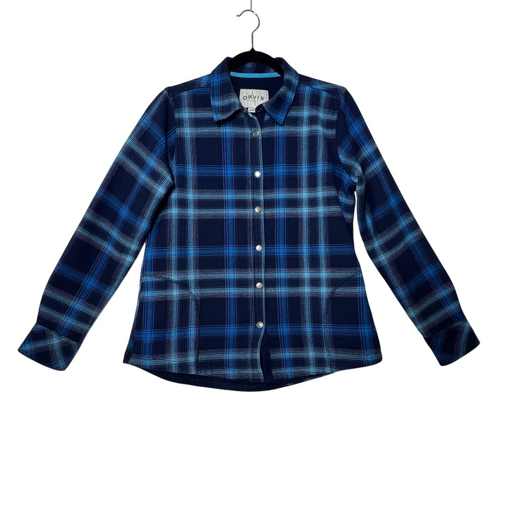 ORVIS Womens M Blue Plaid Fleece Lined Flannel Snap Front Shirt Jacket Shacket